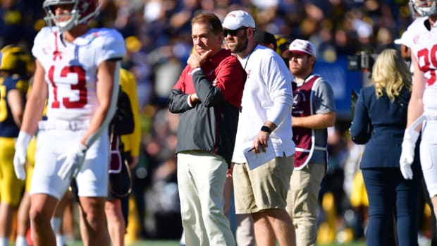 Nick Saban looks on during Alabama’s Rose Bowl game against Michigan.